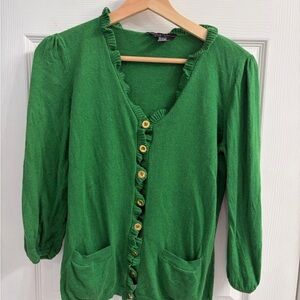 Etcetera Emerald Cardigan with Ruffle Detail and Gold Buttons